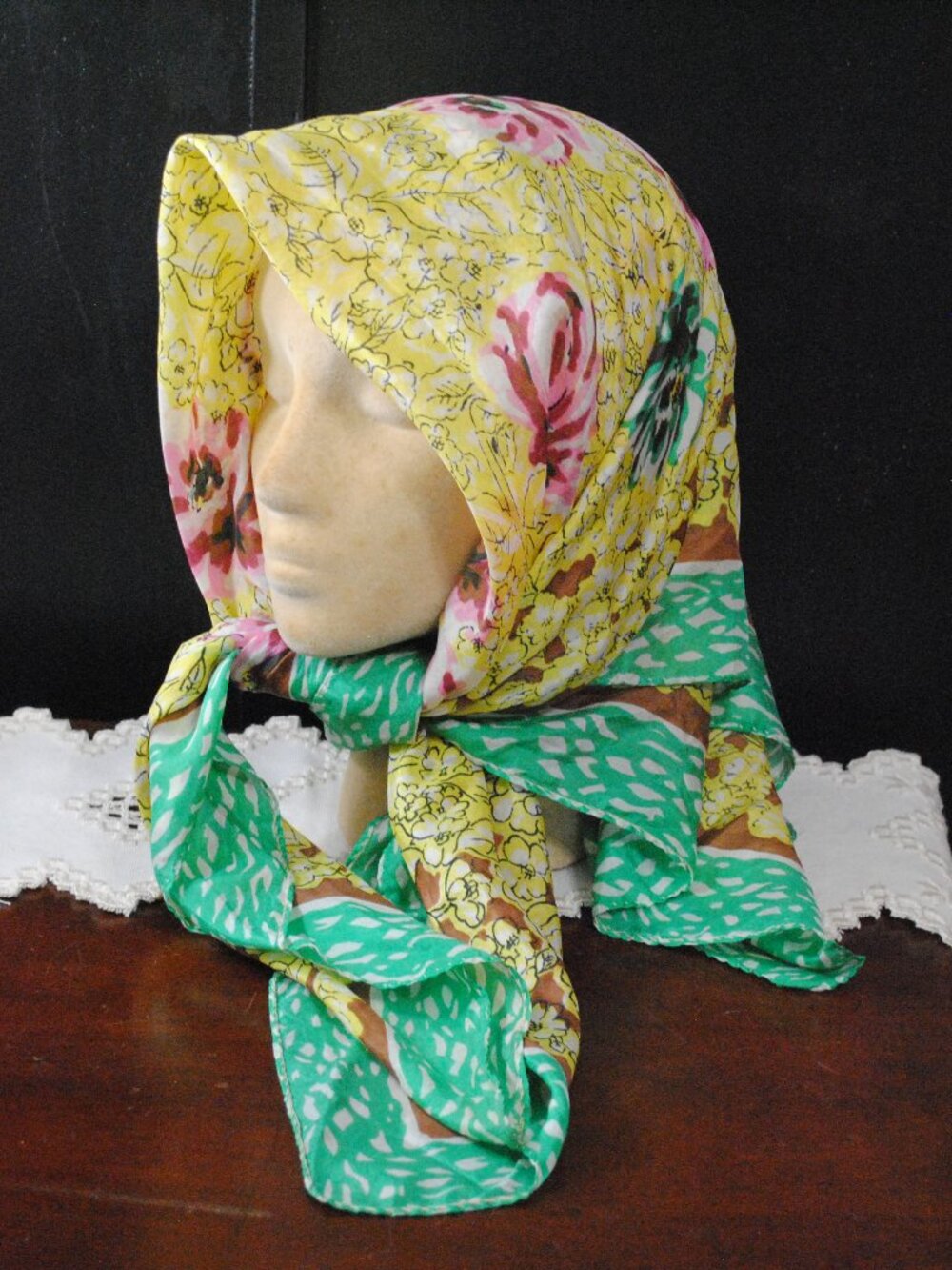 Vintage Large Pink, Yellow, & Green Floral Scarf